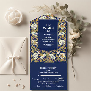 Classic Blue Art Nouveau Wedding All In One Invitation