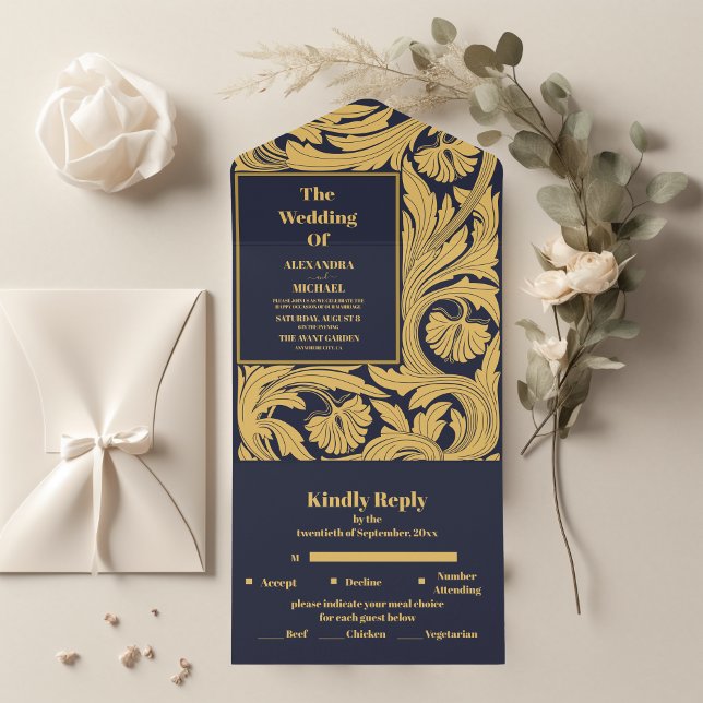 Classic Blue Art Nouveau Wedding All In One Invitation (Creator Uploaded)