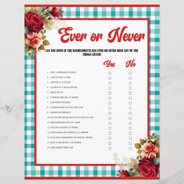 Classic Blue Bachelorette Party Ever or Never Game (Front)