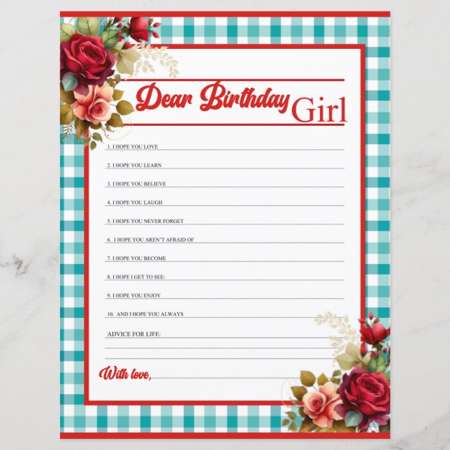 Classic Blue Birthday Party Dear B-day Girl Game (Front)