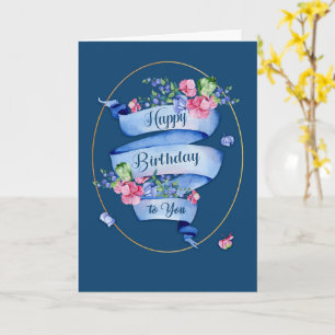 Classic Blue Birthday Ribbon with Flowers & Frame Card