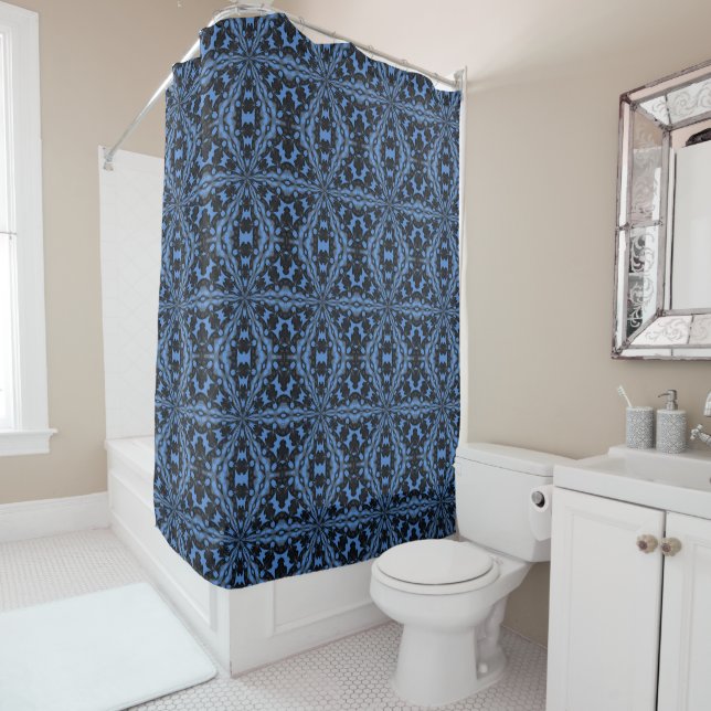 Classic Blue Black and Denim Geometric Tile Patter Shower Curtain (In Situ)