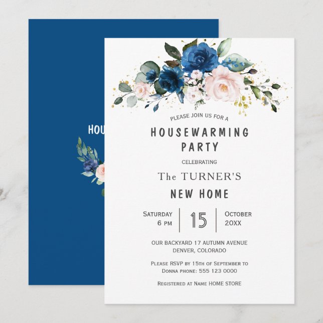 Classic Blue Blush Blue Floral Housewarming Party Invitation (Front/Back)