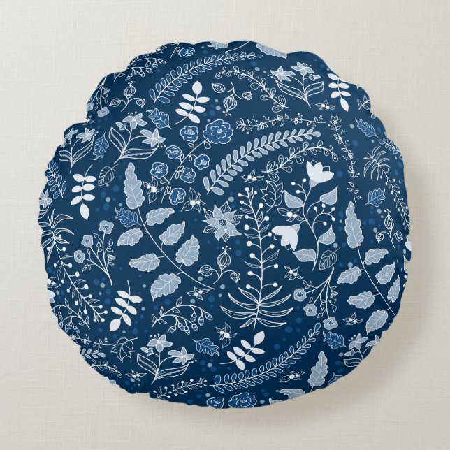 Classic Blue Boho Flowers Beautiful Round Cushion (Front)