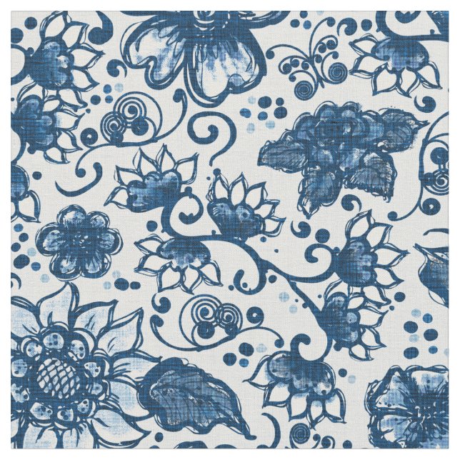 Classic Blue Boho Flowers Fabric (Close Up)