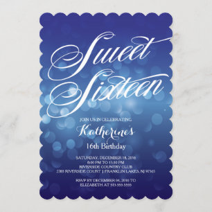 Classic Blue Bokeh Lights Sweet 16TH Birthday Invitation