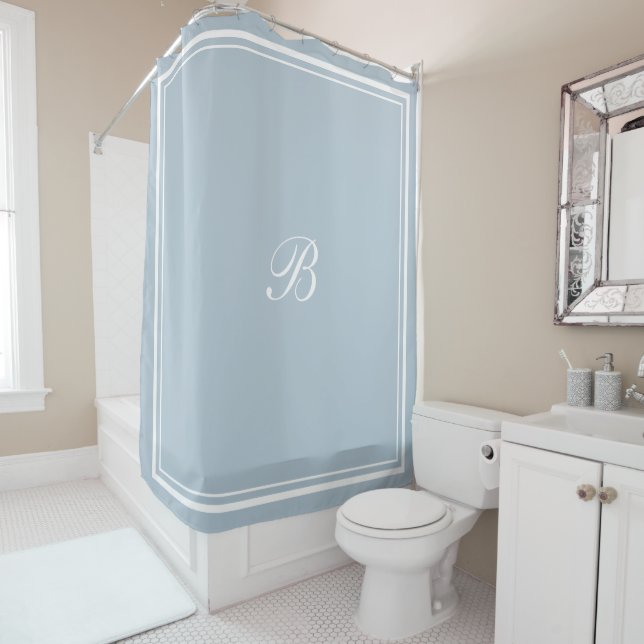 Classic Blue Border Script Monogram Letter Shower Curtain (In Situ)