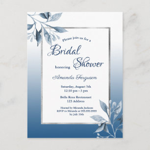 Classic blue botanical bridal shower invitation postcard