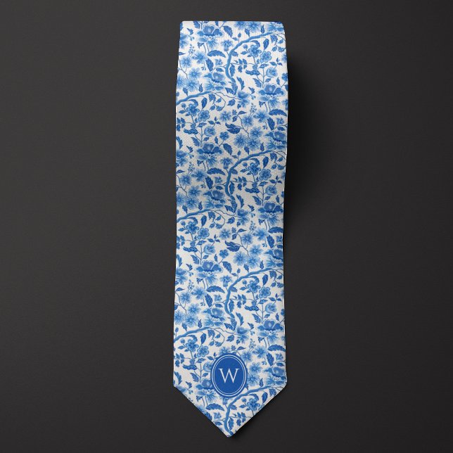 Classic Blue Botanical Floral Monogram Tie (Creator Uploaded)