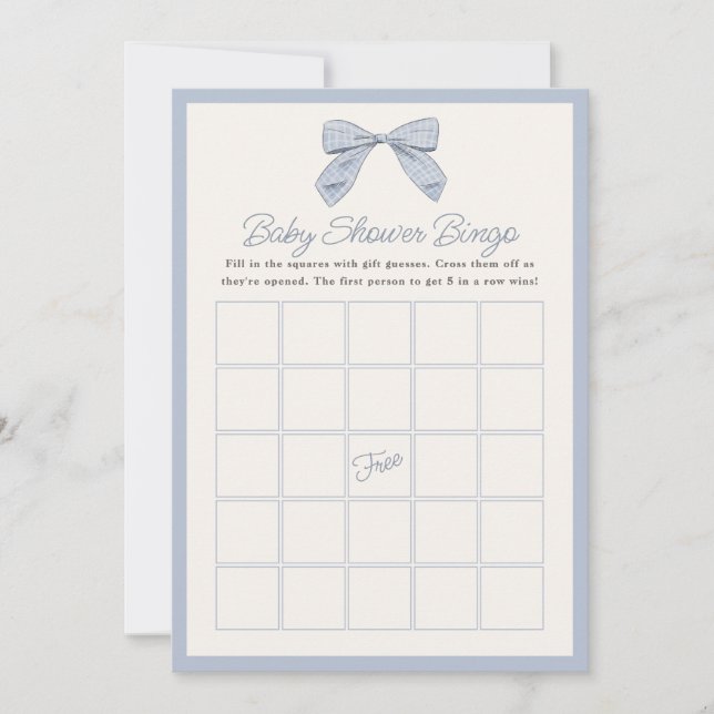 Classic Blue Bow Baby Shower Game Bingo Card (Front)