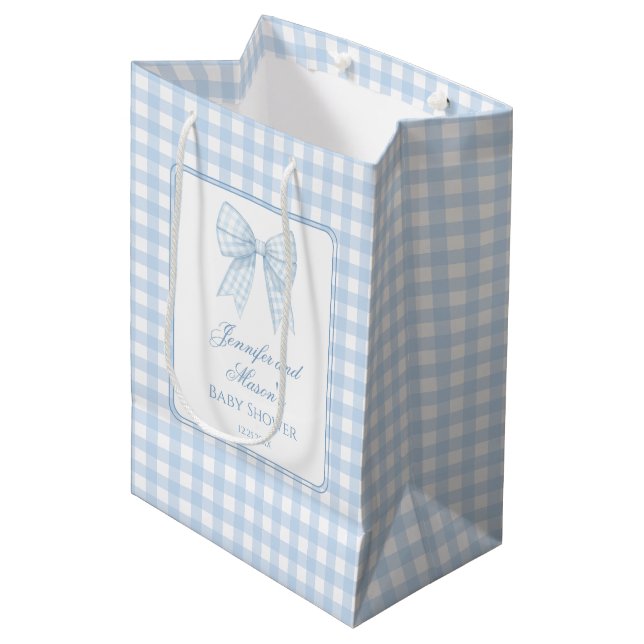 Classic blue bow baby shower thank you gift bags (Front Angled)
