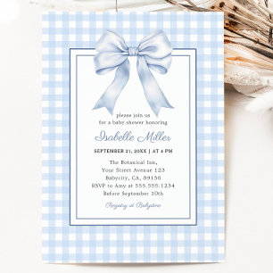 Classic Blue Bow Gingham Boy Baby Shower Invitation