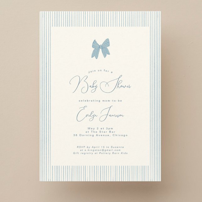 Classic blue bow striped boy baby shower  invitation (Creator Uploaded)
