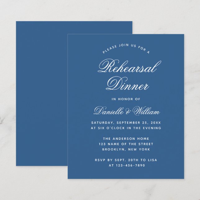 Classic Blue Budget Rehearsal Dinner Invitation (Front/Back)