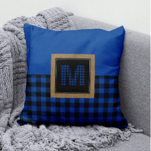 Classic Blue Buffalo Plaid Gingham Monogram Cushion