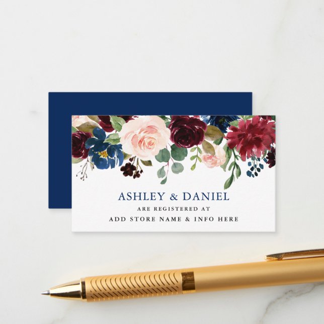 Classic Blue Burgundy Floral Wedding Registry Enclosure Card (Front/Back In Situ)