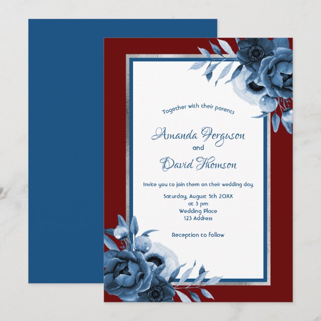Classic blue burgundy florals silver wedding invitation (Front/Back)