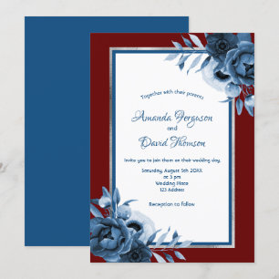 Classic blue burgundy florals silver wedding invitation