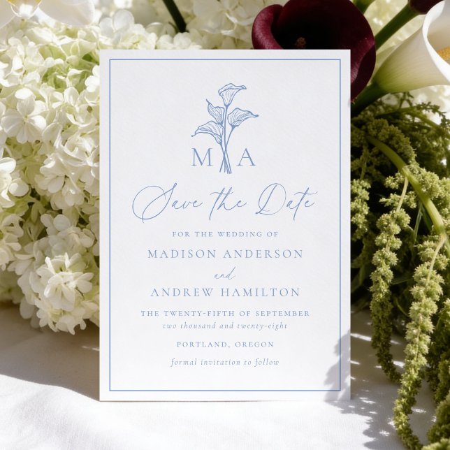 Classic Blue Calla Lily Monogram Wedding Save The Date (Creator Uploaded)