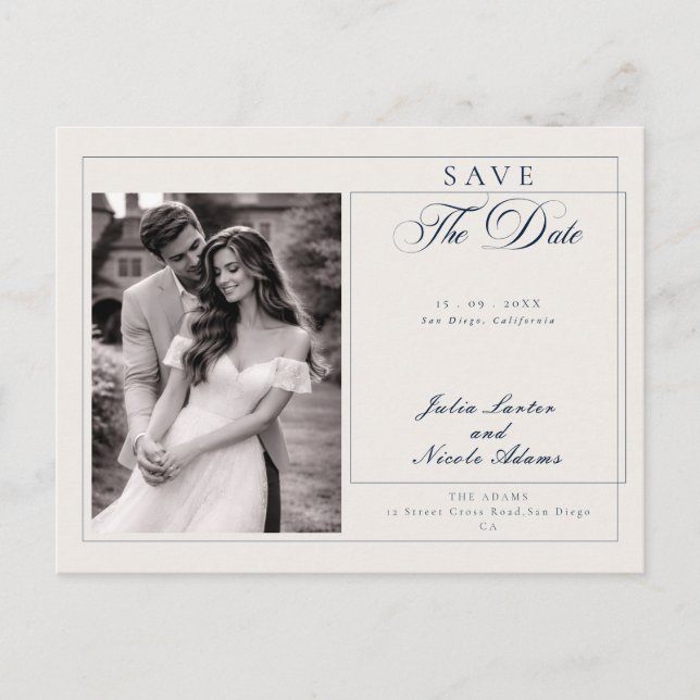 Classic Blue Calligraphy Photo Save The Date Postcard (Front)