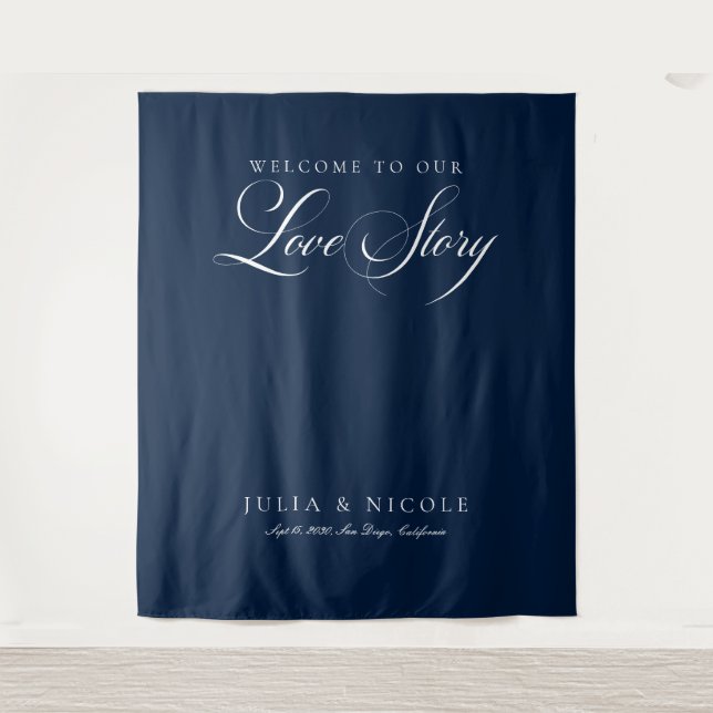 Classic Blue Calligraphy Wedding Backdrops Banner Tapestry (Front)