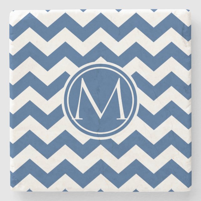 Classic Blue Chevron Monogrammed Stone Coaster (Front)