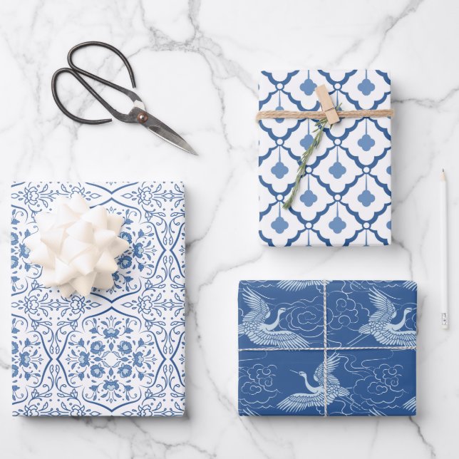 Classic Blue Chinese Ceramic Patterns Wrapping Paper Sheet (Front)