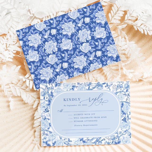 Classic Blue Chinoiserie Bird Peony Wedding RSVP Card (Creator Uploaded)