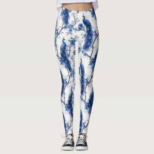 Classic Blue Chinoiserie Watercolor French Peacock Leggings