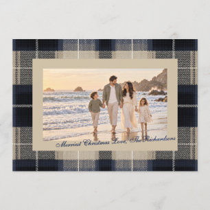 Classic Blue Christmas Plaid Nostalgic Photo Holiday Card