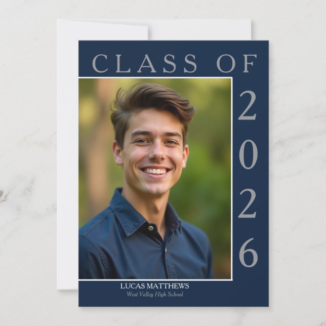 Classic Blue Class of 2026 Graduate Custom Photo Invitation (Front)