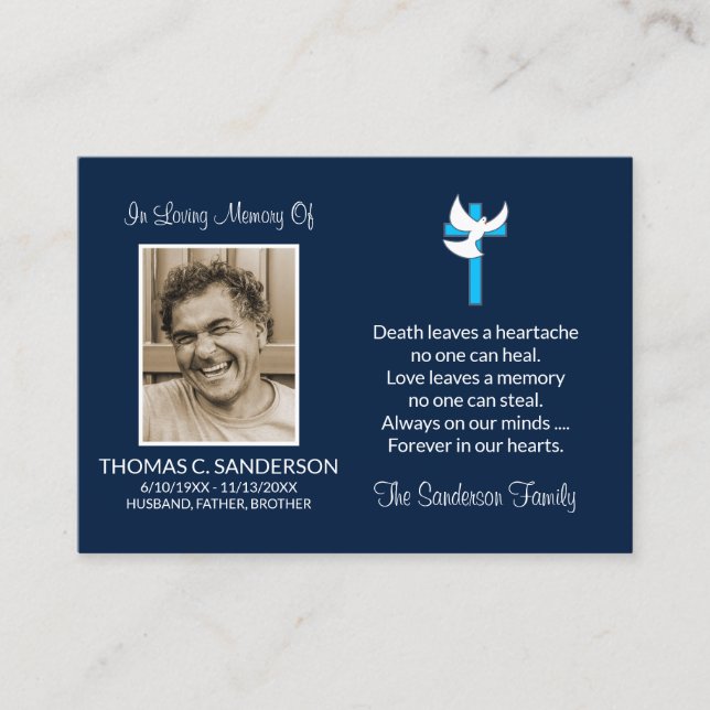 Classic Blue Cross Dove Photo Funeral Card (Front)