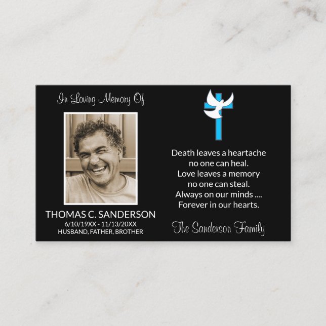 Classic Blue Cross Dove Photo Funeral Card (Front)