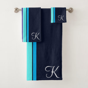Classic Blue Cursive Monogrammed Line Art Bath Towel Set