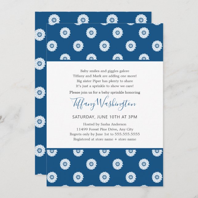 Classic Blue Daisy neutral gender baby sprinkle Invitation (Front/Back)