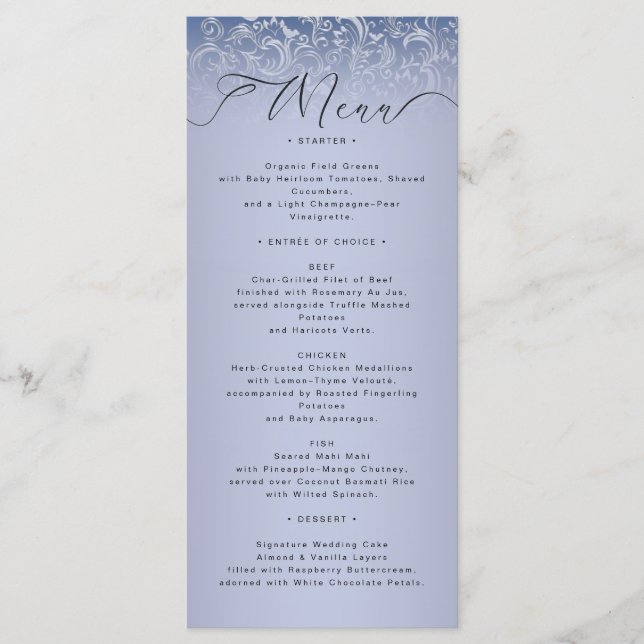 Classic Blue Damask Ornate Wedding Menu Card (Front)