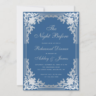 Classic Blue Faux Silver Vintage Rehearsal Dinner Invitation