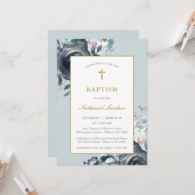 Classic Blue Floral and Gold Foil Baptism Invitation (Front/Back In Situ)