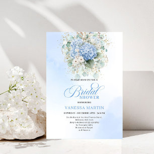 Classic Blue Floral Bridal Shower Gold Invitation