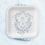 Classic Blue Floral Crest Monogram Wedding Paper Plate<br><div class="desc">Elegant French victorian blue floral wedding paper plate. For more advanced customisation of this design,  please click the DESIGN TOOL BUTTON above!</div>