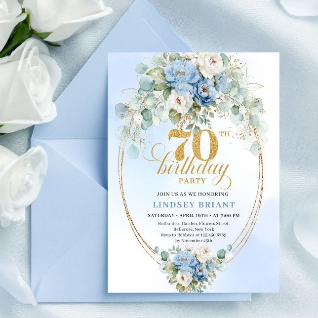 Classic Blue Floral Eucalyptus 70th Birthday Invit Invitation (Classic Blue Floral Eucalyptus 70th Birthday Invitation

)