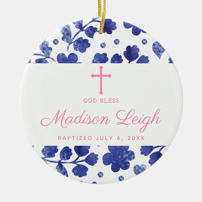 Classic Blue Floral Personalised Girl Baptism Ceramic Tree Decoration (Front)