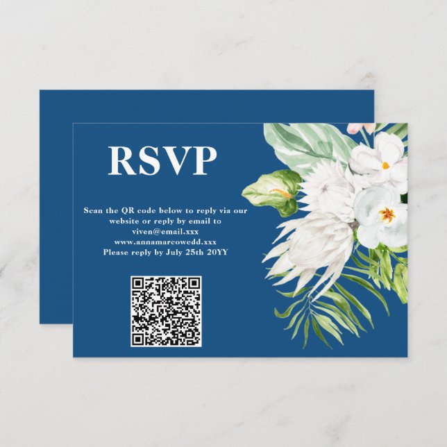 Classic Blue Floral QR Code RSVP Card (Front/Back)