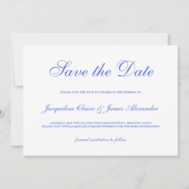 Classic Blue Floral Script Wedding Save the Date (Front)