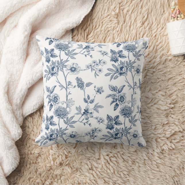 Classic Blue Floral Sketch Pattern  Cushion (Blanket)