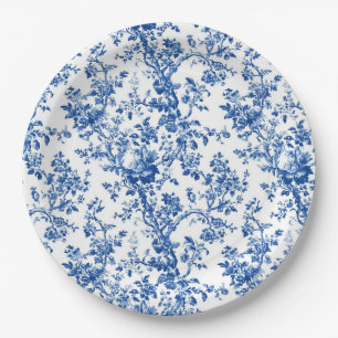 Classic Blue Floral Toile Garden Party Paper Plate