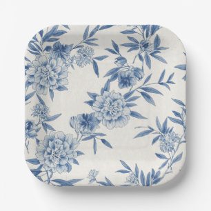 Classic Blue Floral Toile Watercolor Pattern White Paper Plate