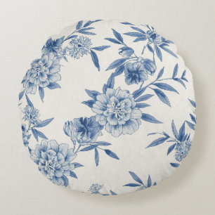 Classic Blue Floral Toile Watercolor Pattern White Round Cushion
