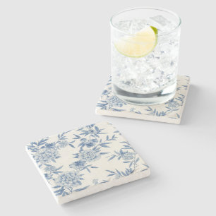 Classic Blue Floral Toile Watercolor Pattern White Stone Coaster