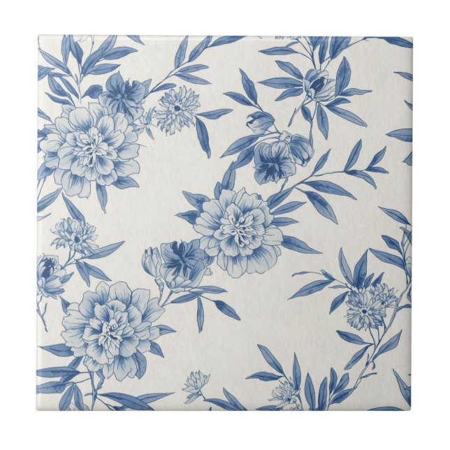 Classic Blue Floral Toile Watercolor Pattern White Tile (Front)